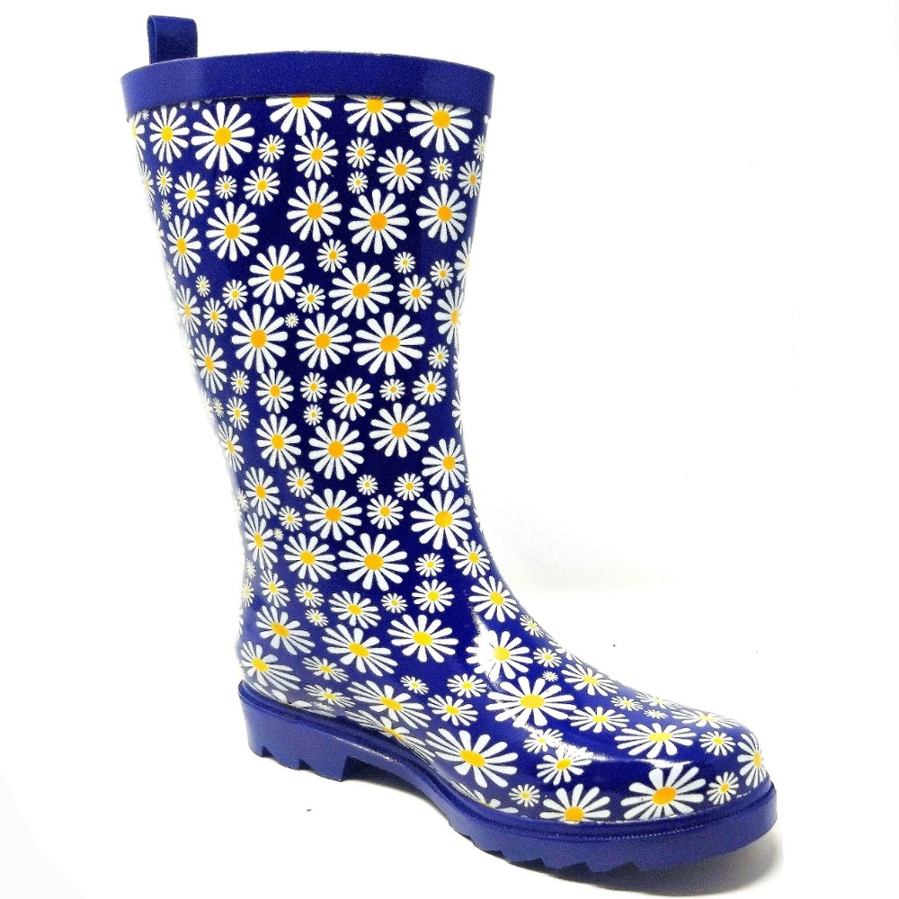 Women 11" Mid-Calf Rubber Rain Boots, Daisies Flower Print Water Boots Wellies - Picture 5 of 5